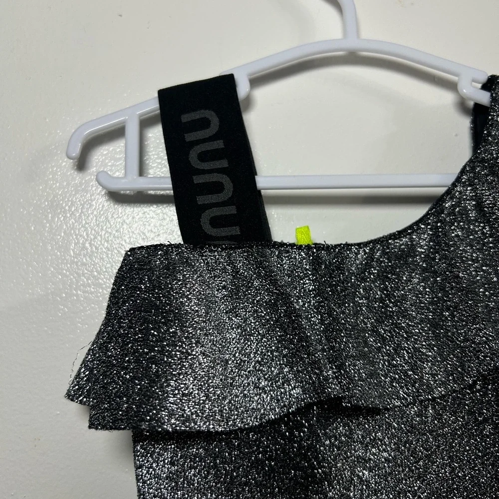 Nununu Silver Glitter Logo One-Shoulder Swim Top